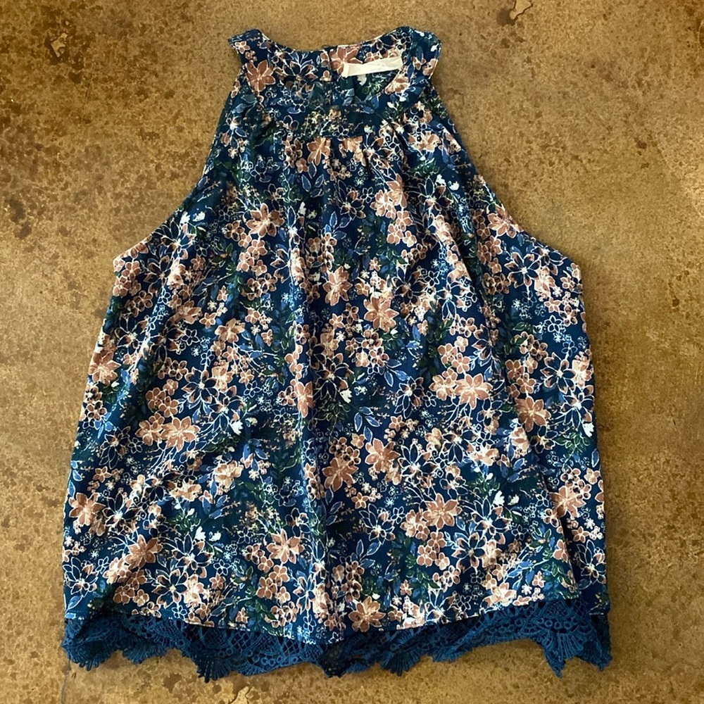 Elodie blue floral‎ halter neck sleeveless flowy lace hem blouse top